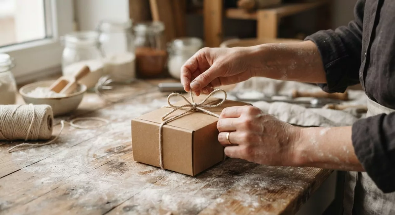 Charlotte noue une ficelle autour d'une boîte en carton kraft