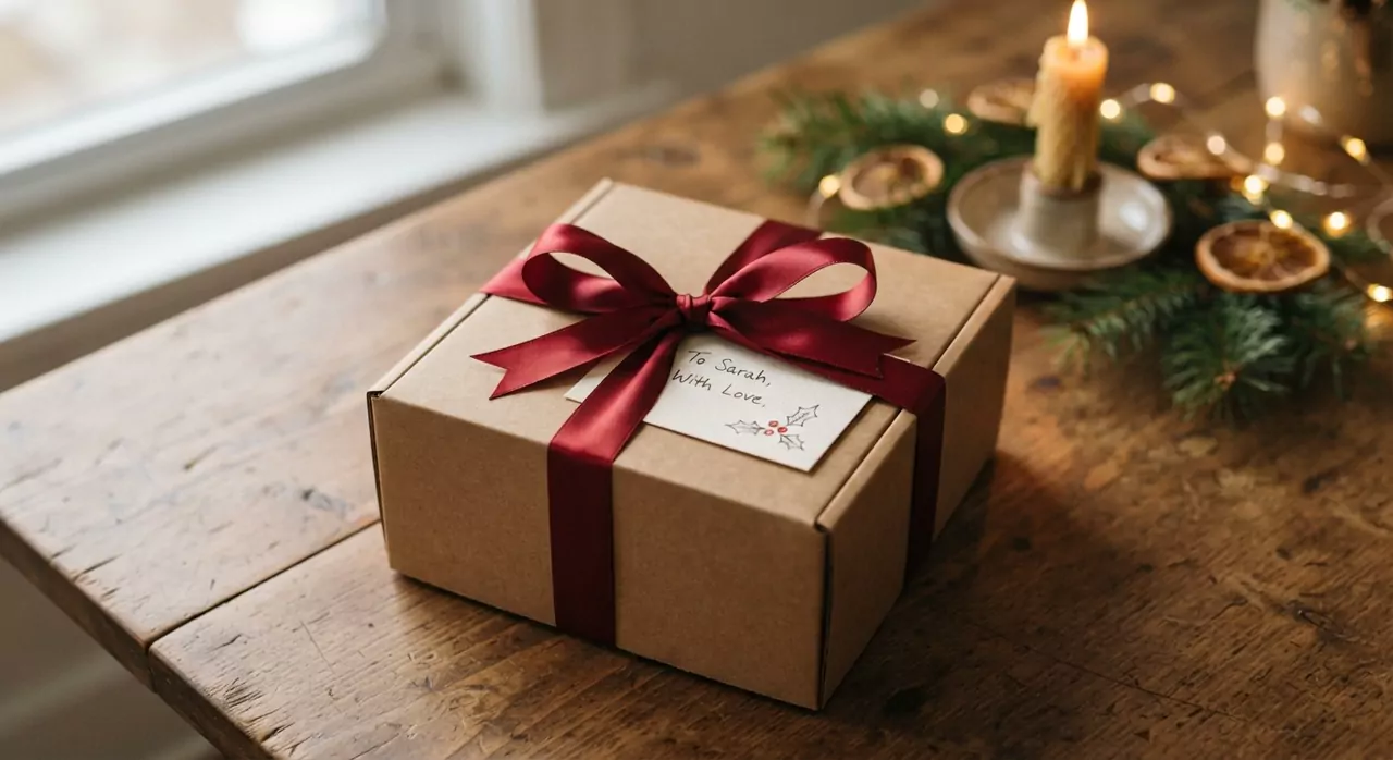 Coffret Anniversaire fermé par un ruban rouge avec une carte écrite à la main