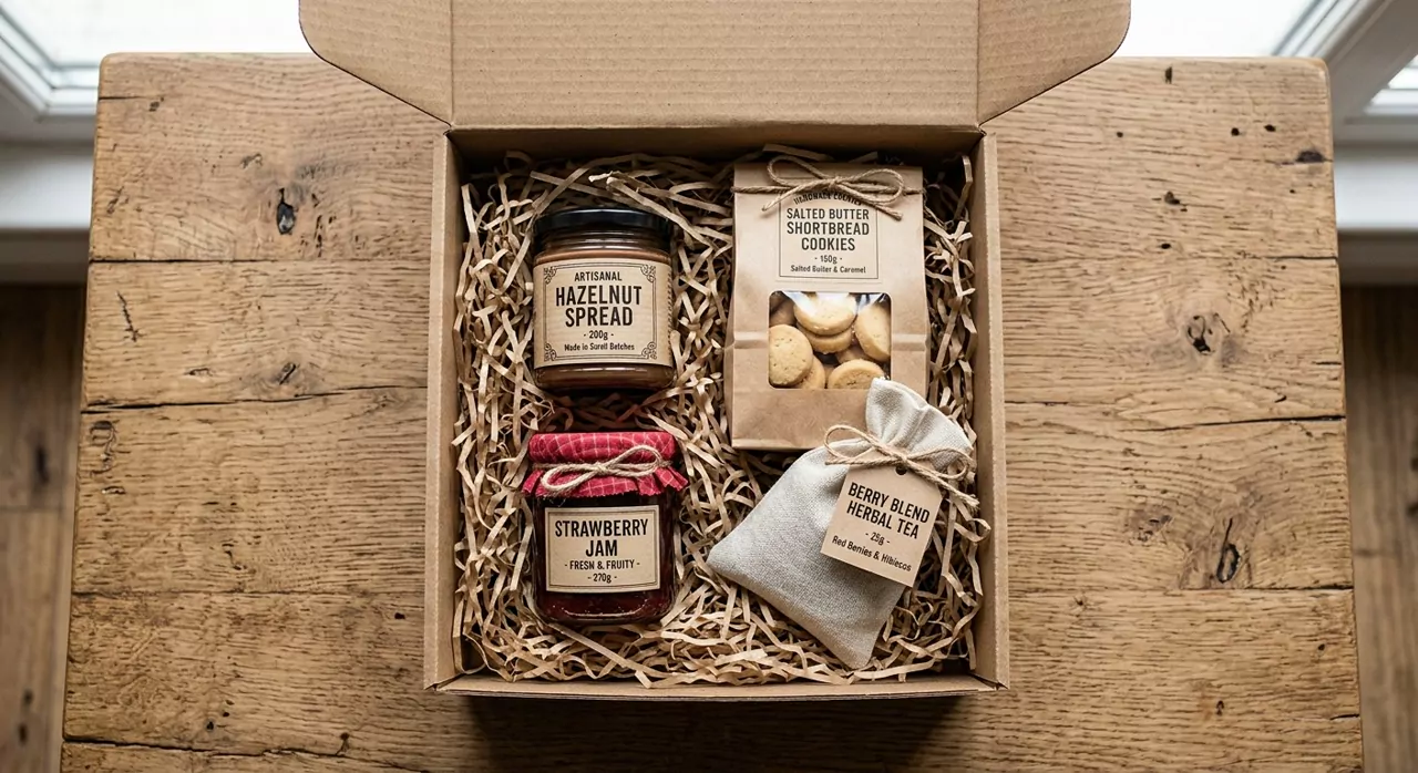 Coffret Goûter ouvert : pâte à tartiner, sablés, confiture de fraise et infusion