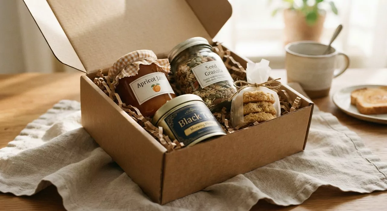 Coffret Petit Déjeuner : confiture d'abricot, granola, thé noir et sablés