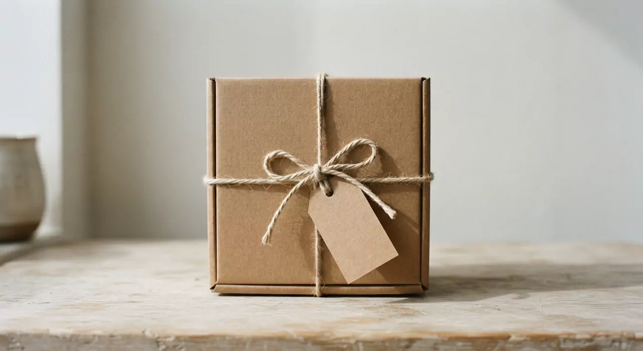 Coffret Surprise fermé avec une étiquette vierge accrochée à la ficelle