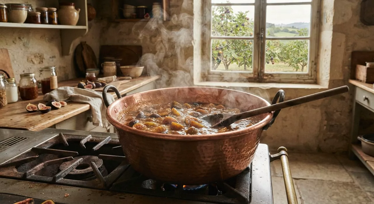 Confiture de figues qui cuit dans un chaudron en cuivre